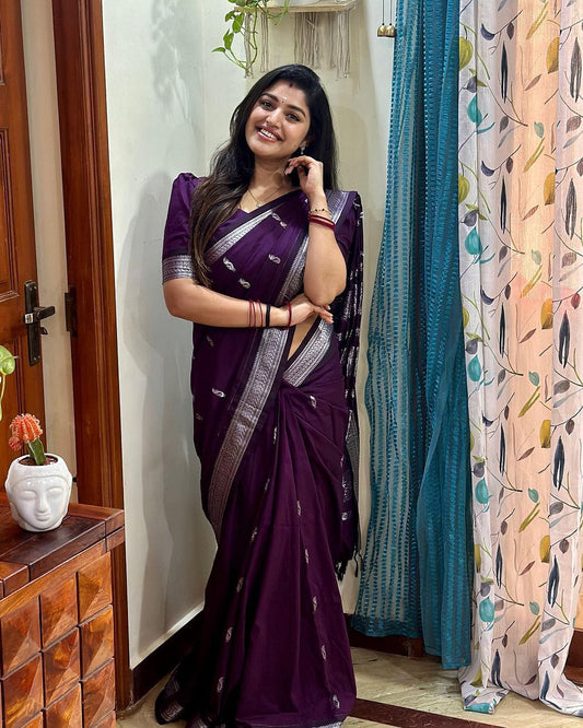 Purple with silver zari saree