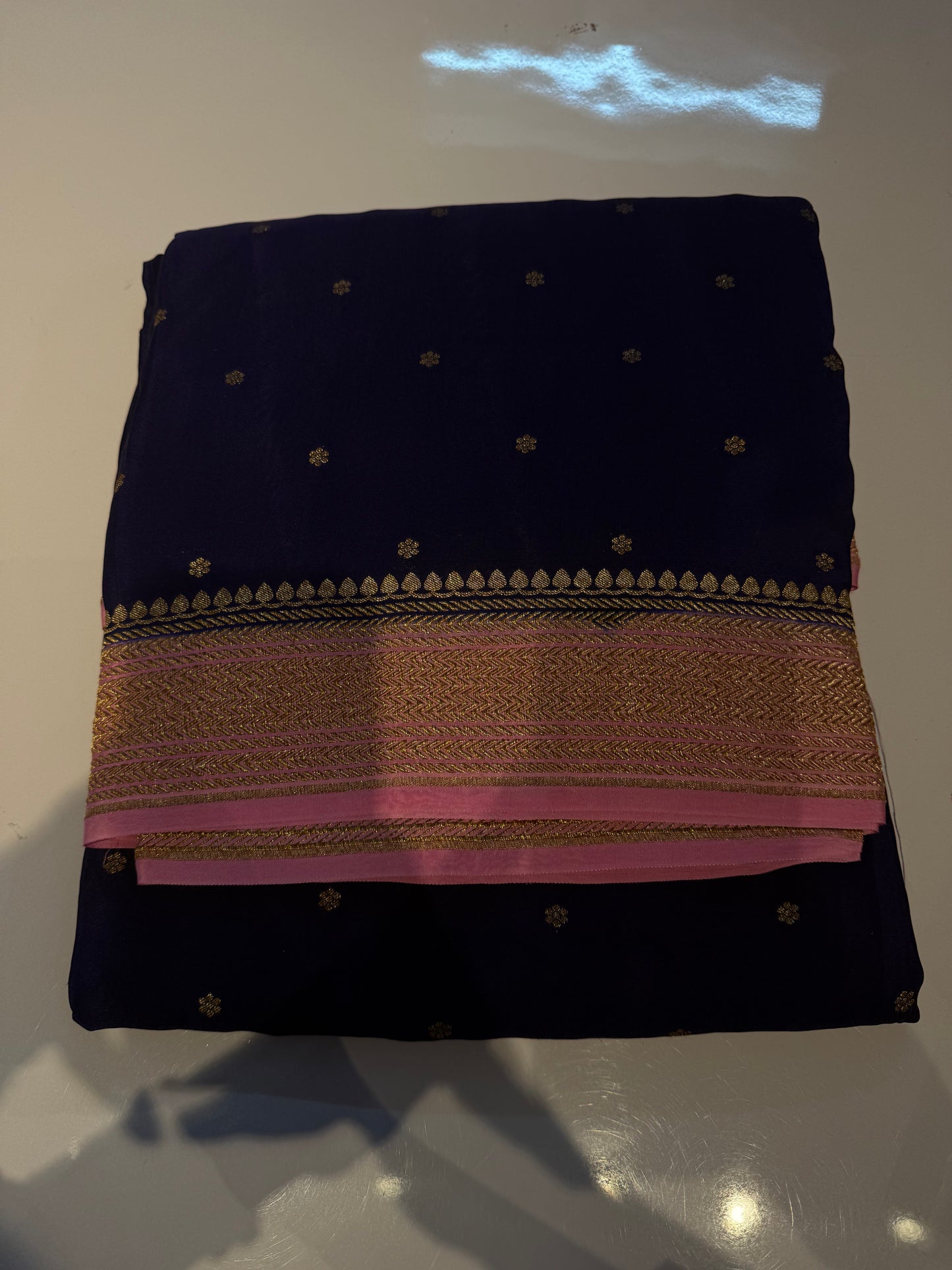 Blue with baby pink pure crepe Banarasi saree