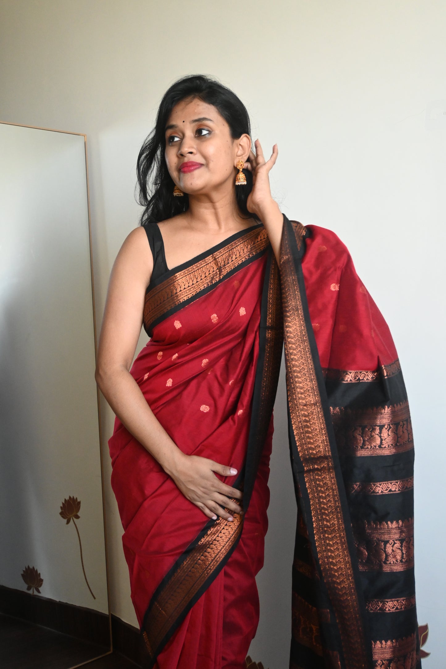 Red with Black Silk Cotton Saree