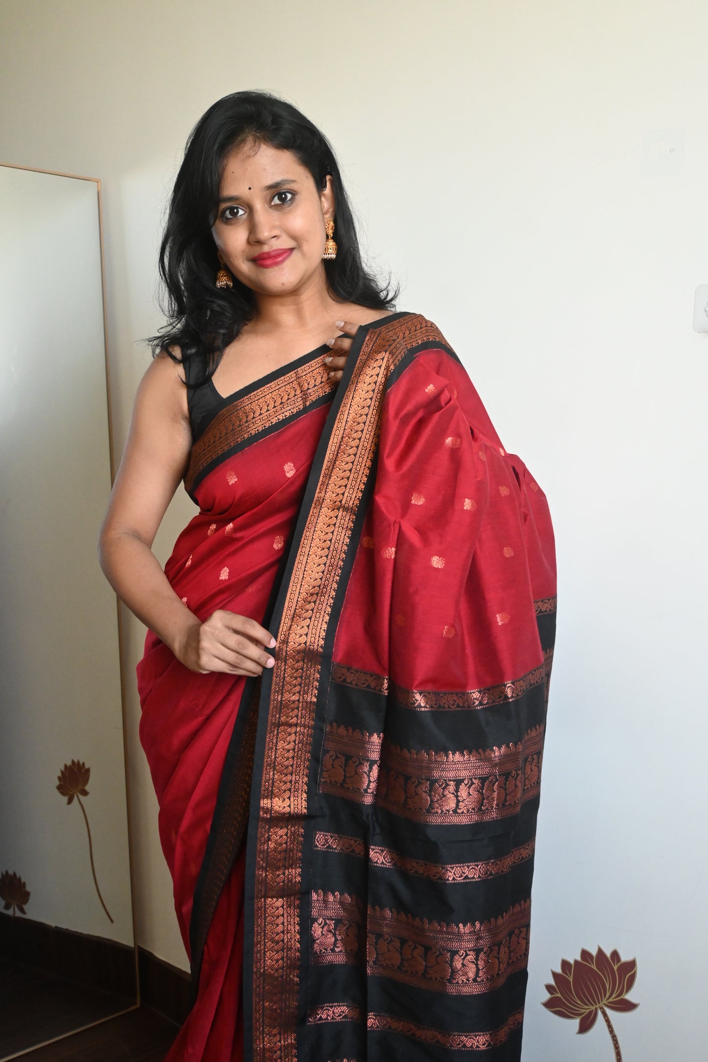 Red with Black Silk Cotton Saree