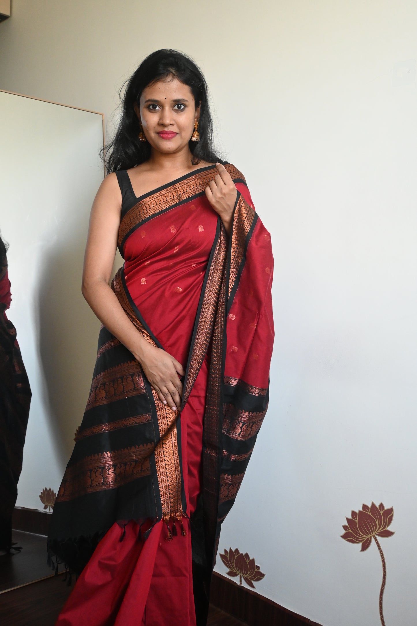 Red with Black Silk Cotton Saree