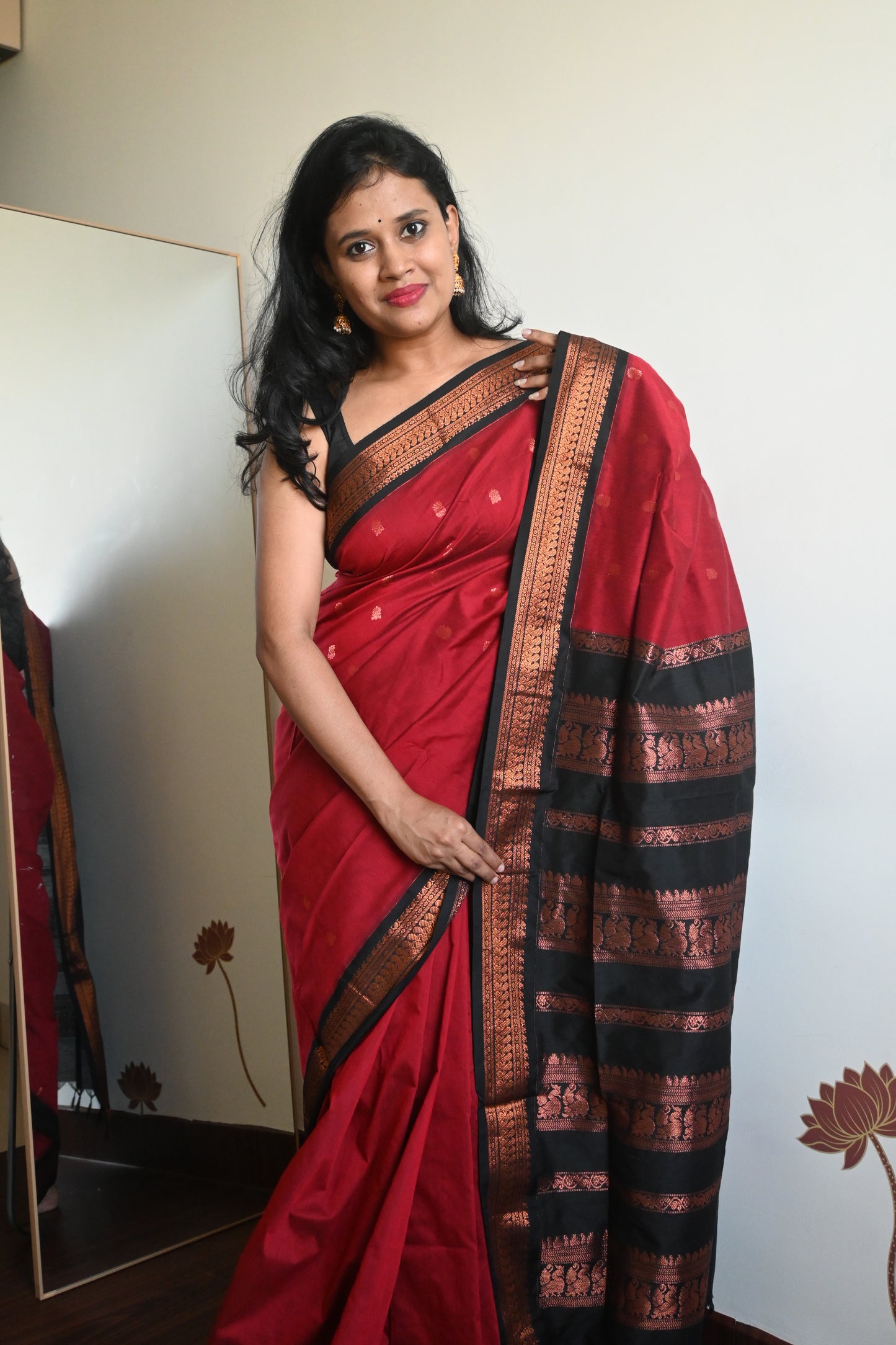 Red with Black Silk Cotton Saree