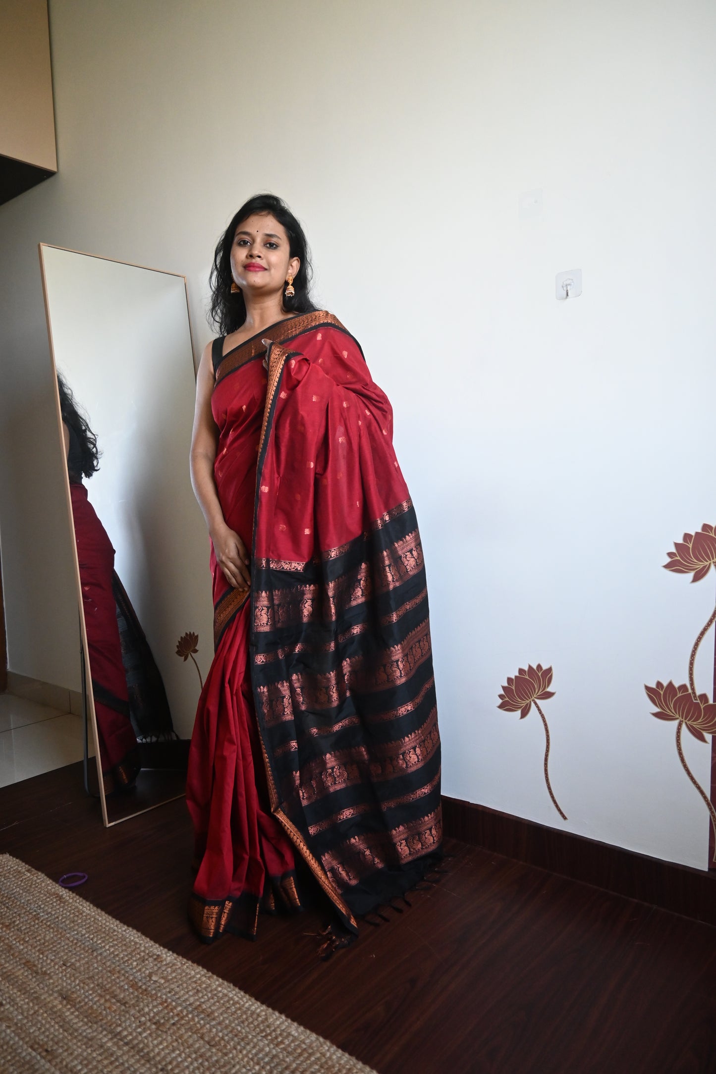 Red with Black Silk Cotton Saree
