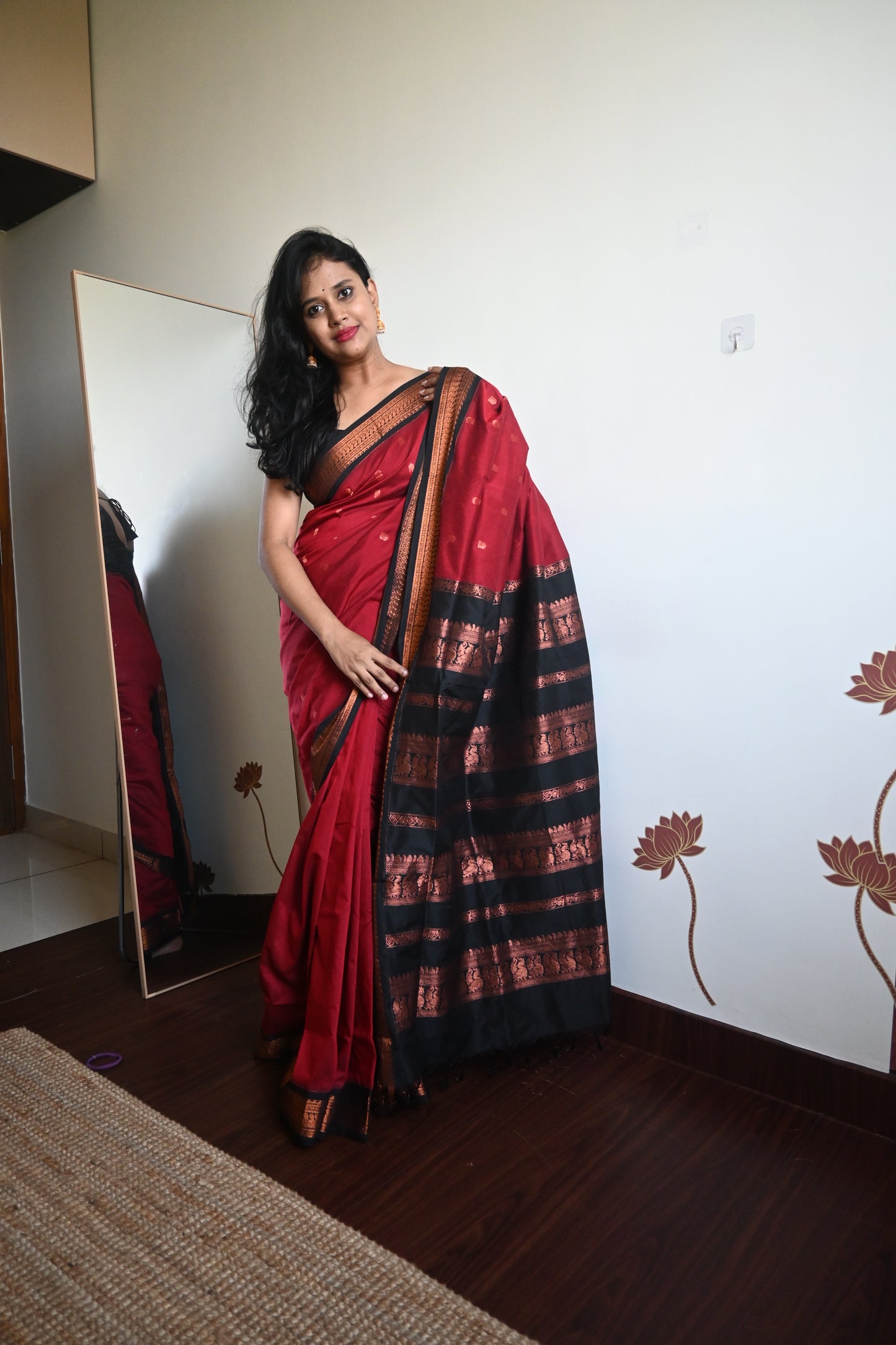 Red with Black Silk Cotton Saree