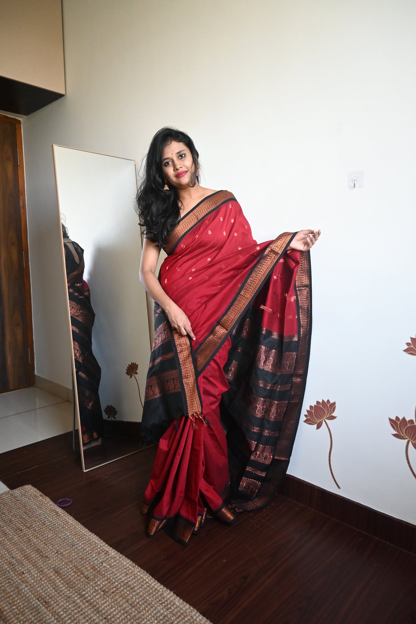 Red with Black Silk Cotton Saree