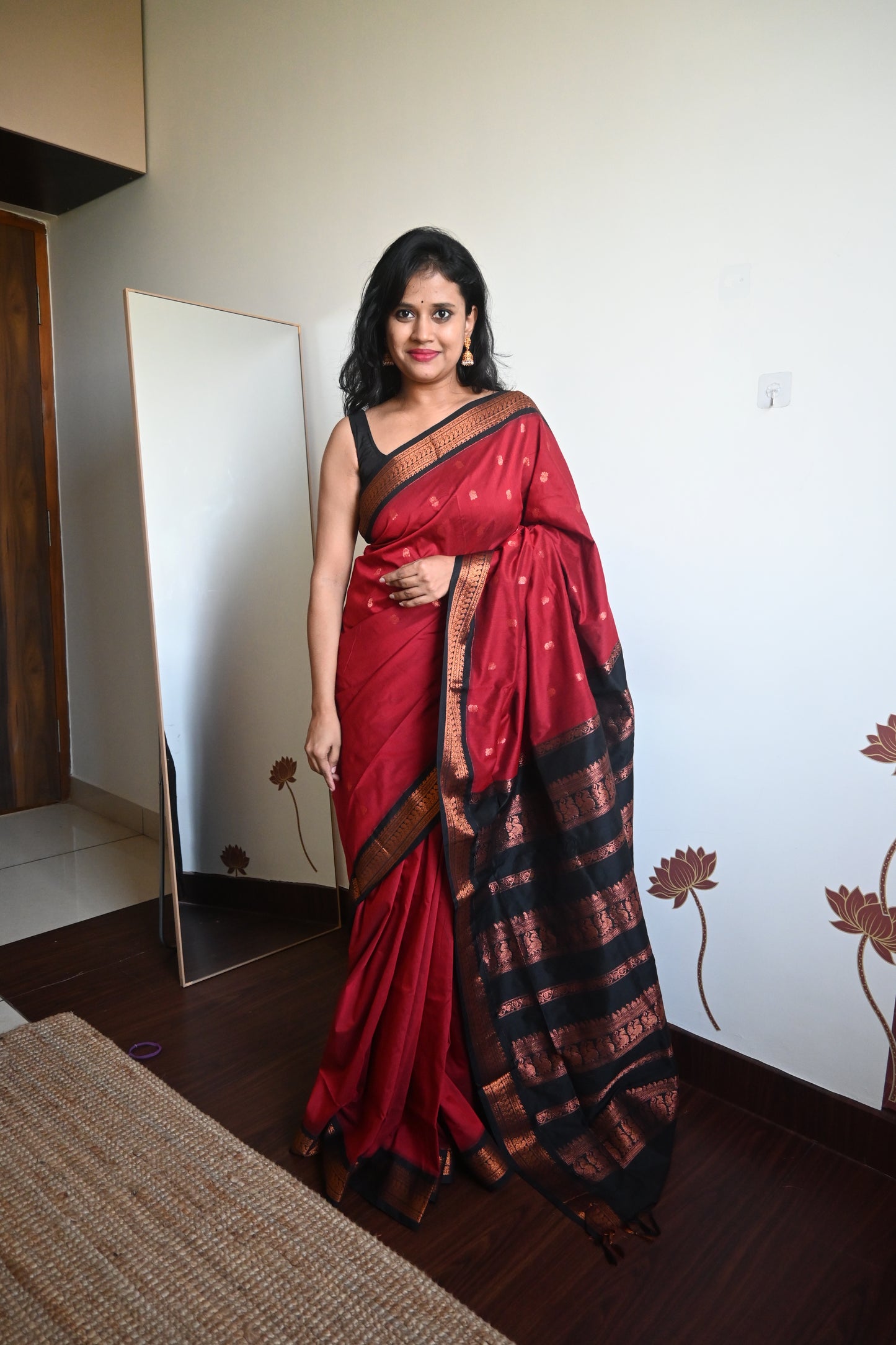 Red with Black Silk Cotton Saree