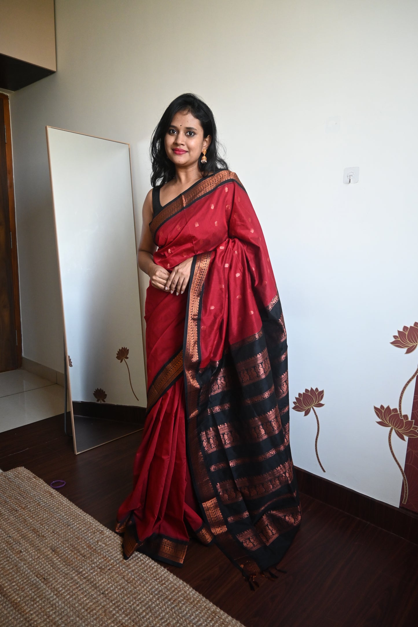 Red with Black Silk Cotton Saree