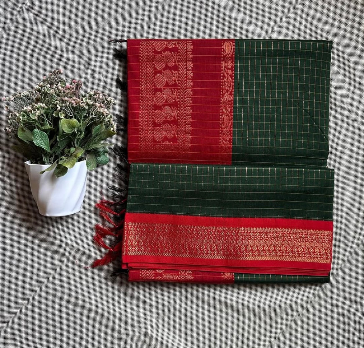 Green with Red Cotton Silk Saree