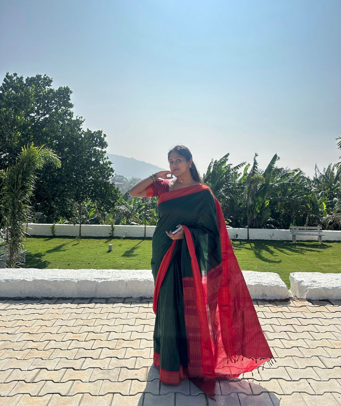 Green with Red Cotton Silk Saree