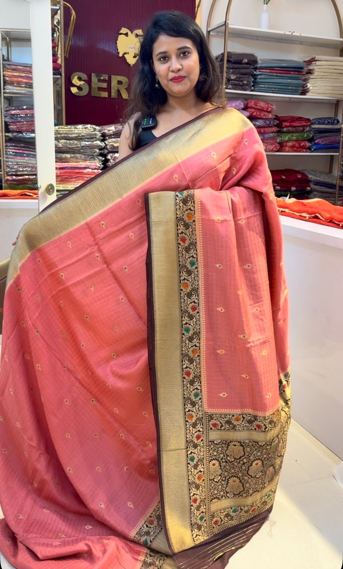 Peach with Brown meenakari work dola silk saree (SBSGMD)