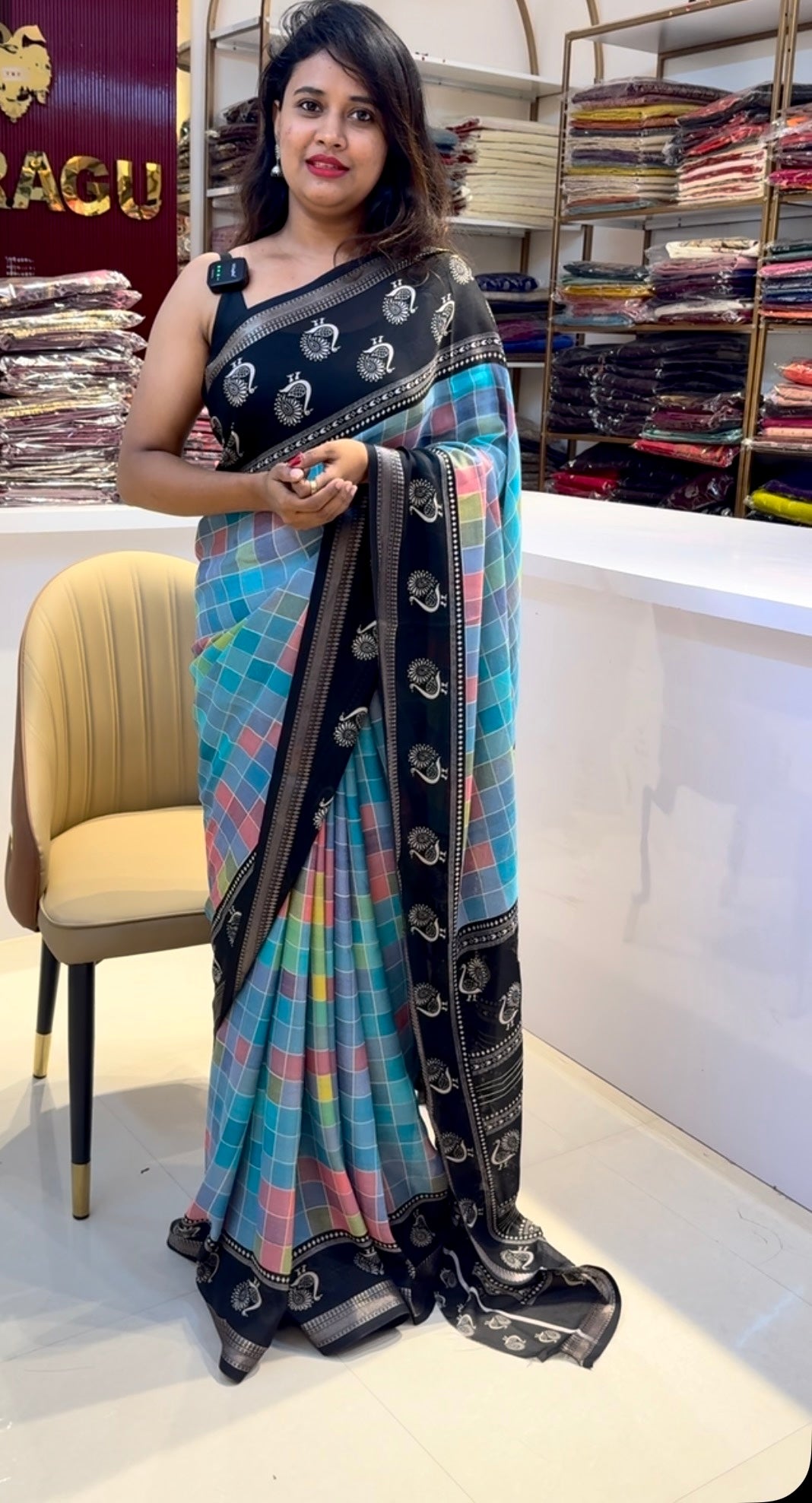 Multi colour Checked chiffon saree