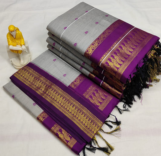 Grey with Purple Silk Cotton Saree