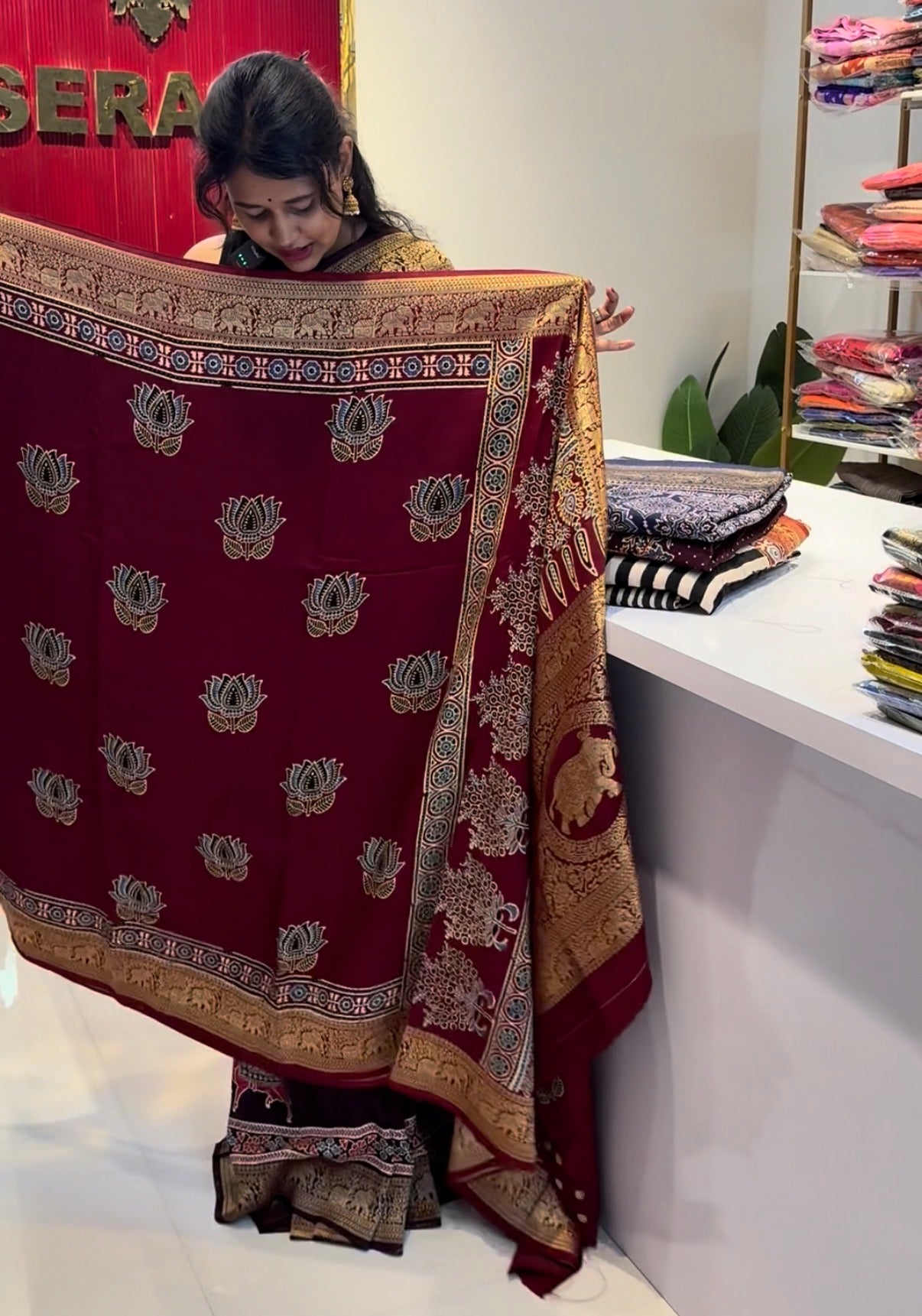 Dola Silk Saree with ajrakh hand block print