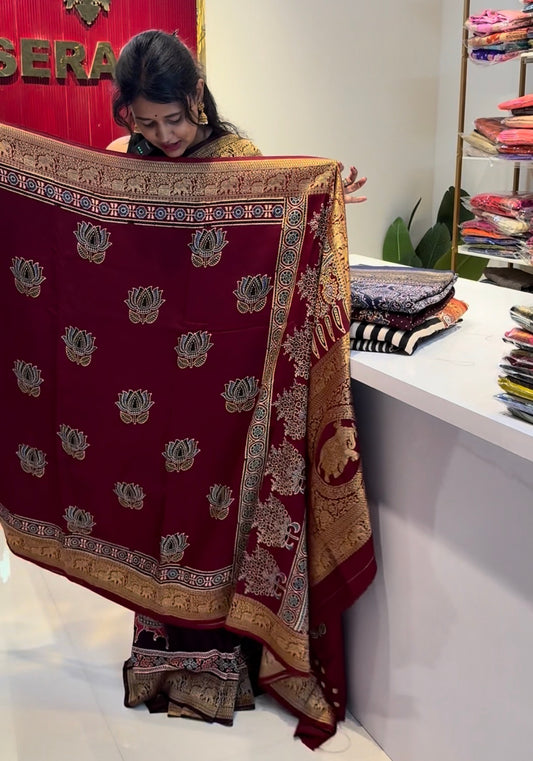 Dola Silk Saree with ajrakh hand block print