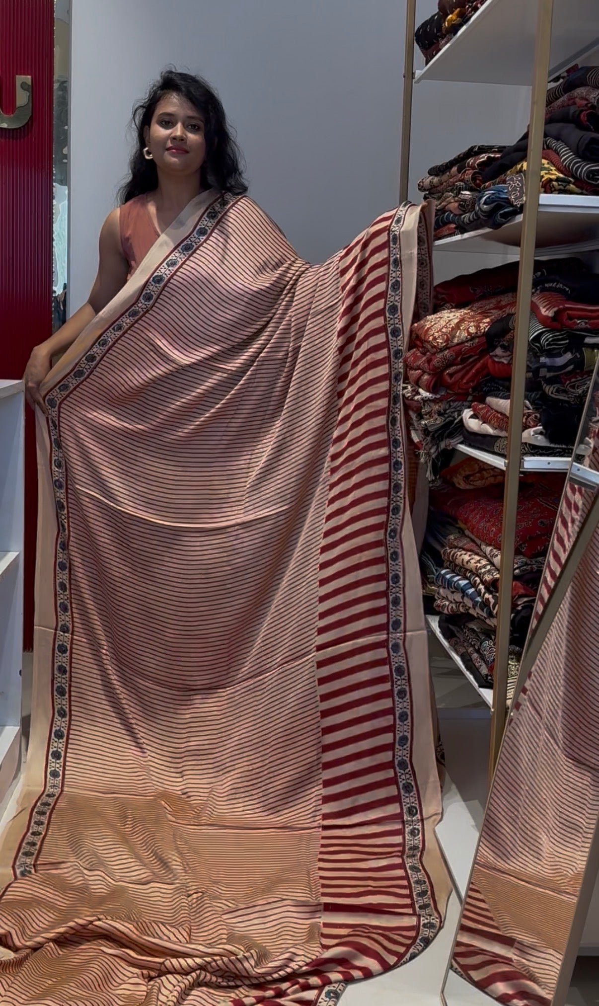 Cream with red pure modal silk saree