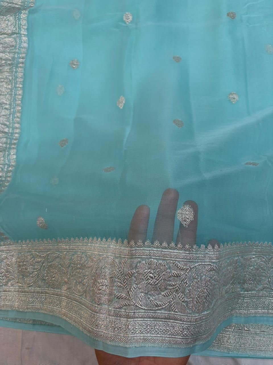 Blue green pure chiffon Banarasi sarees