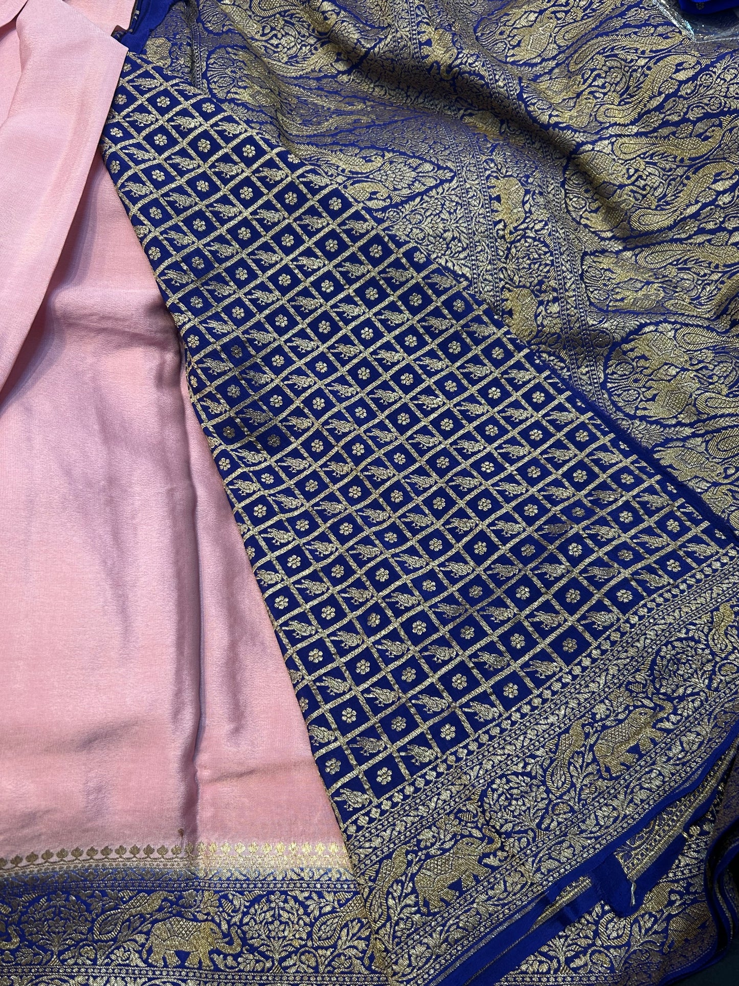 Baby pink with blue pure crepe Banarasi saree