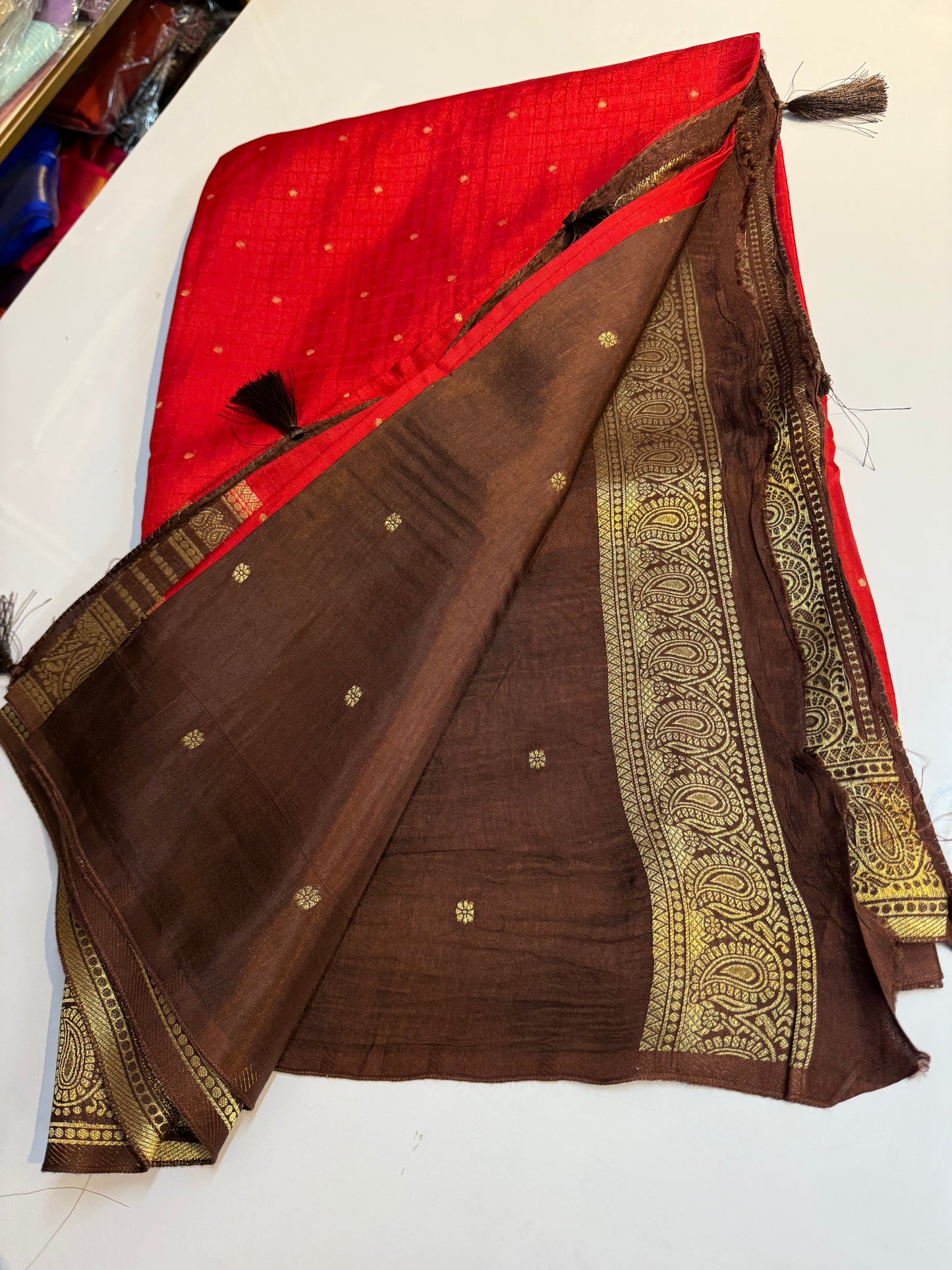 Red with brown raw mango silk Saree (SSV03)