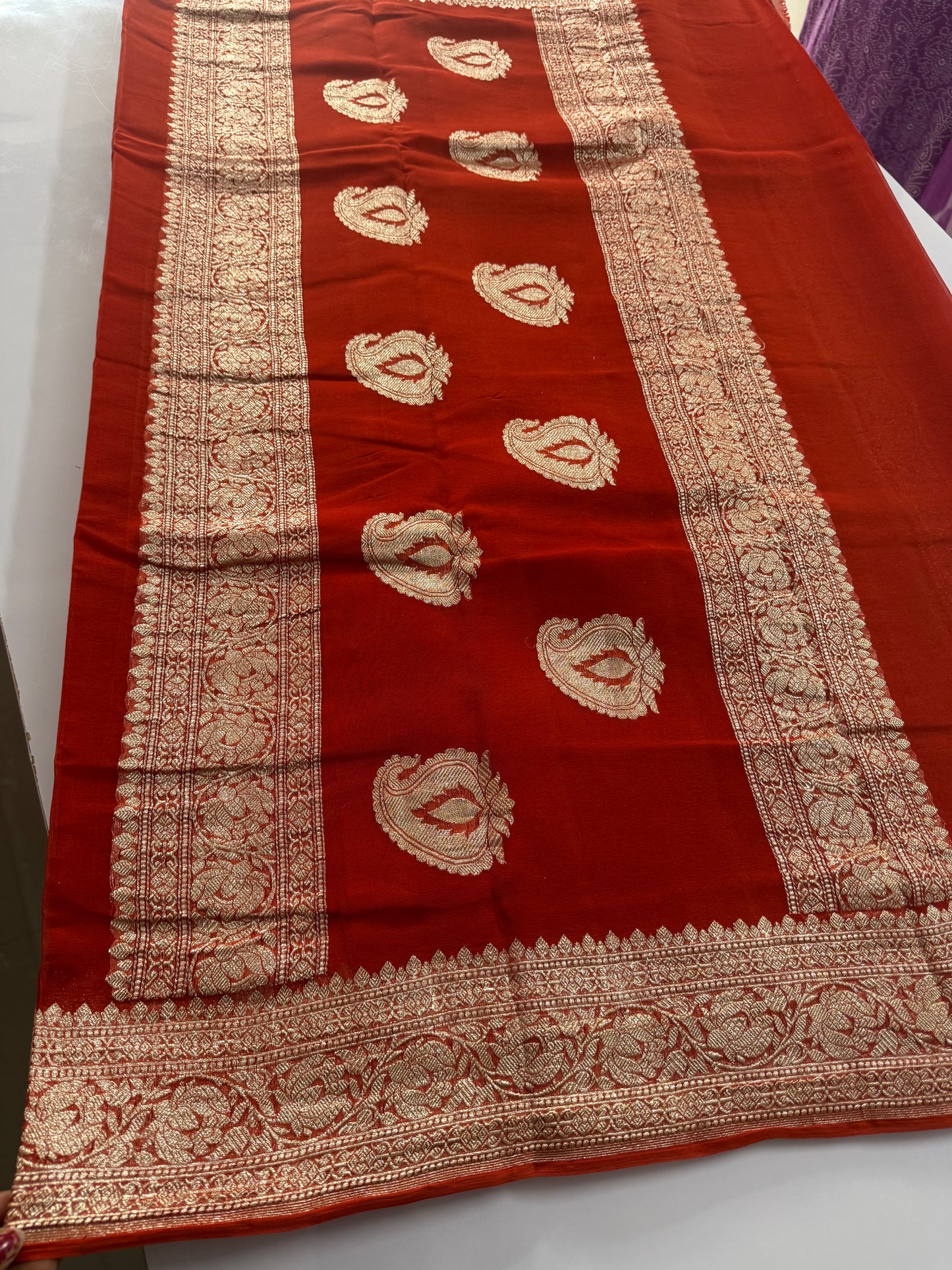 Rust Orange Pure chiffon Banarasi sarees