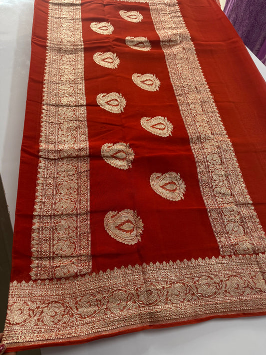 Rust Orange Pure chiffon Banarasi sarees