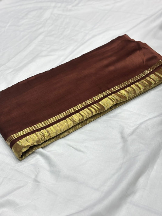 Brown pure plain modal silk saree with lagadi pallu