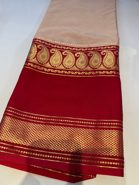 Peach with hot pink Semi crepe mango bentex border saree