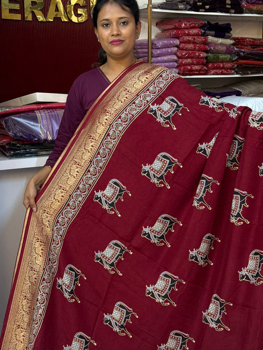 Cow design maroon Dola Silk Saree with ajrakh hand block print (SSD4500)