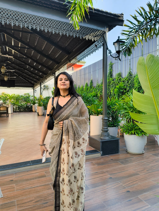 Hand block print Maheshwari silk cotton saree