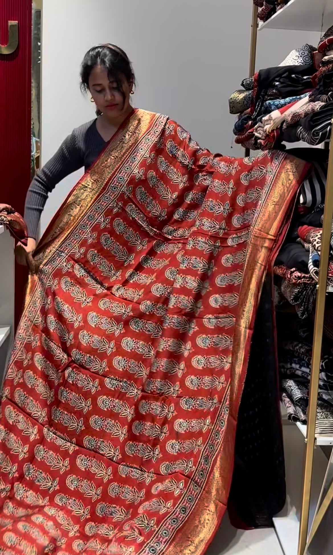 Floral Dola Silk Saree with ajrakh hand block print