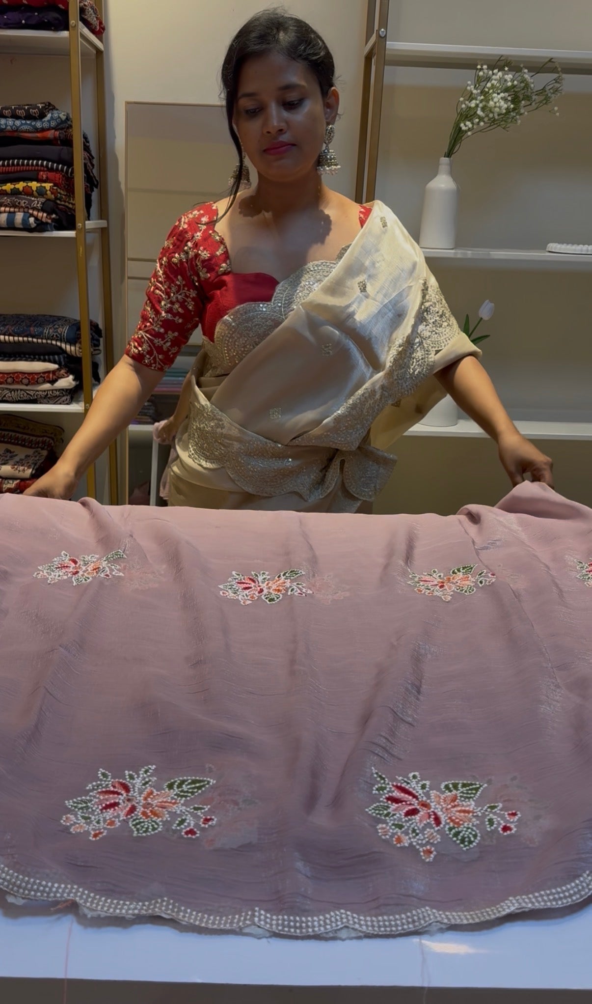 Peach floral embroidery saree