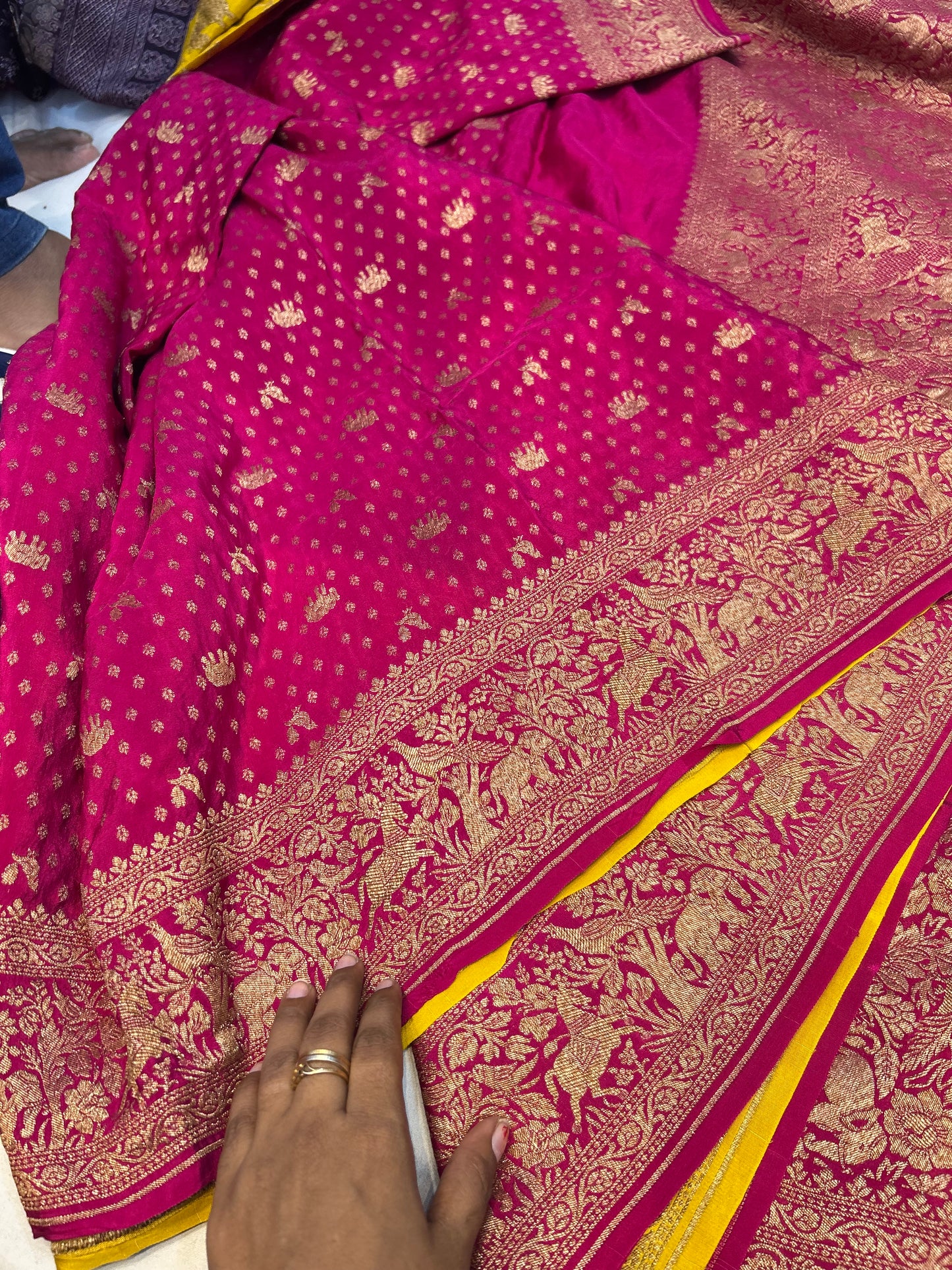 Yellow with pink pure crepe Banarasi saree
