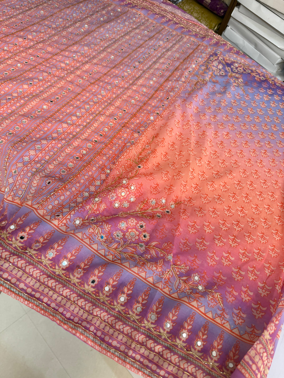 Dual shade Soft georgette Kardana and real mirror work saree hand work.