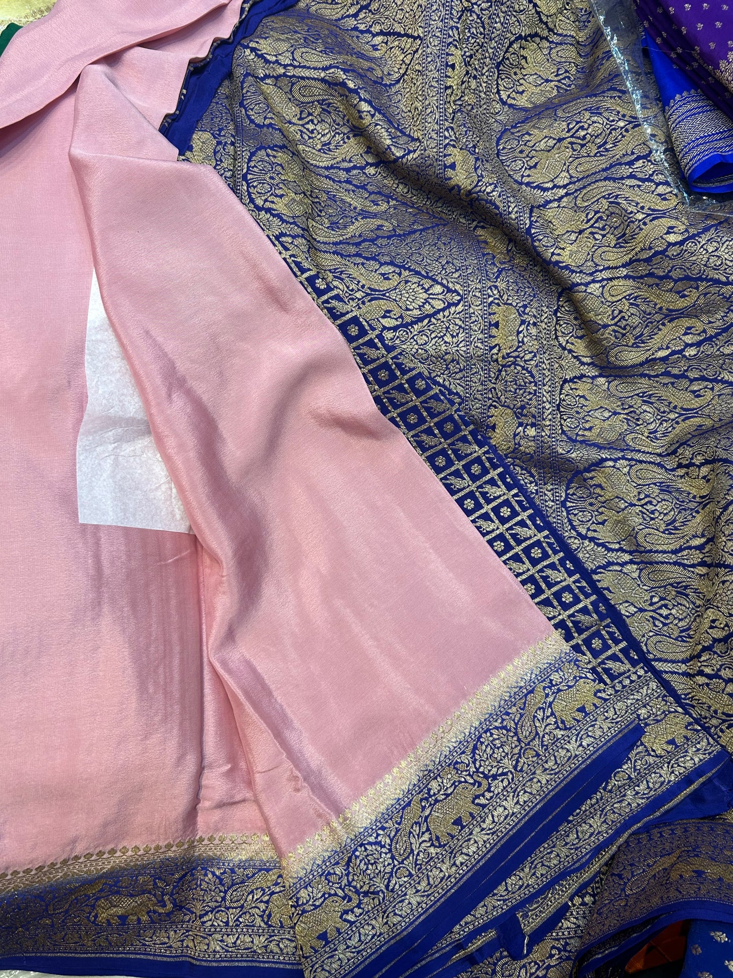 Baby pink with blue pure crepe Banarasi saree