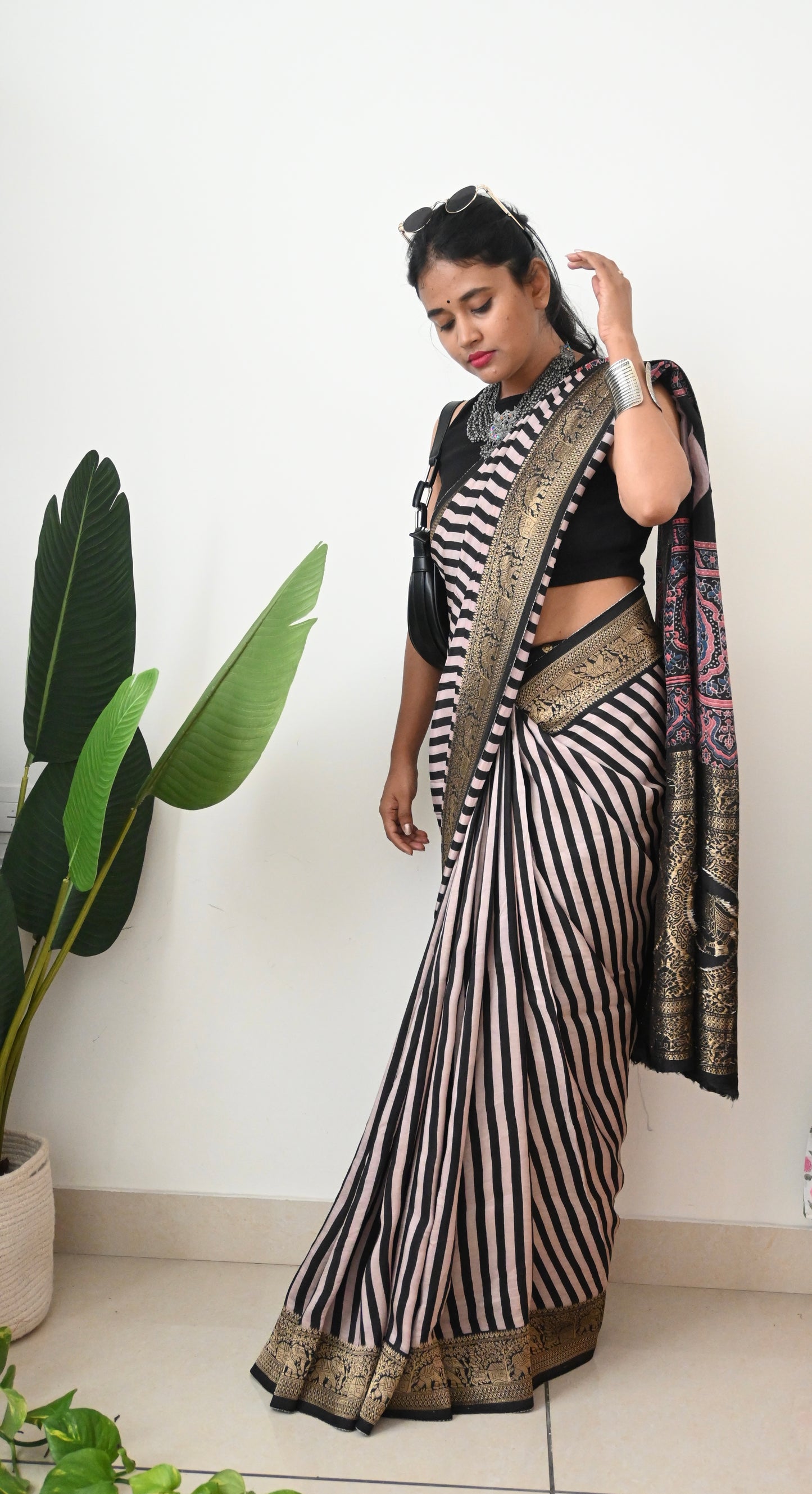Black and white Dola silk saree