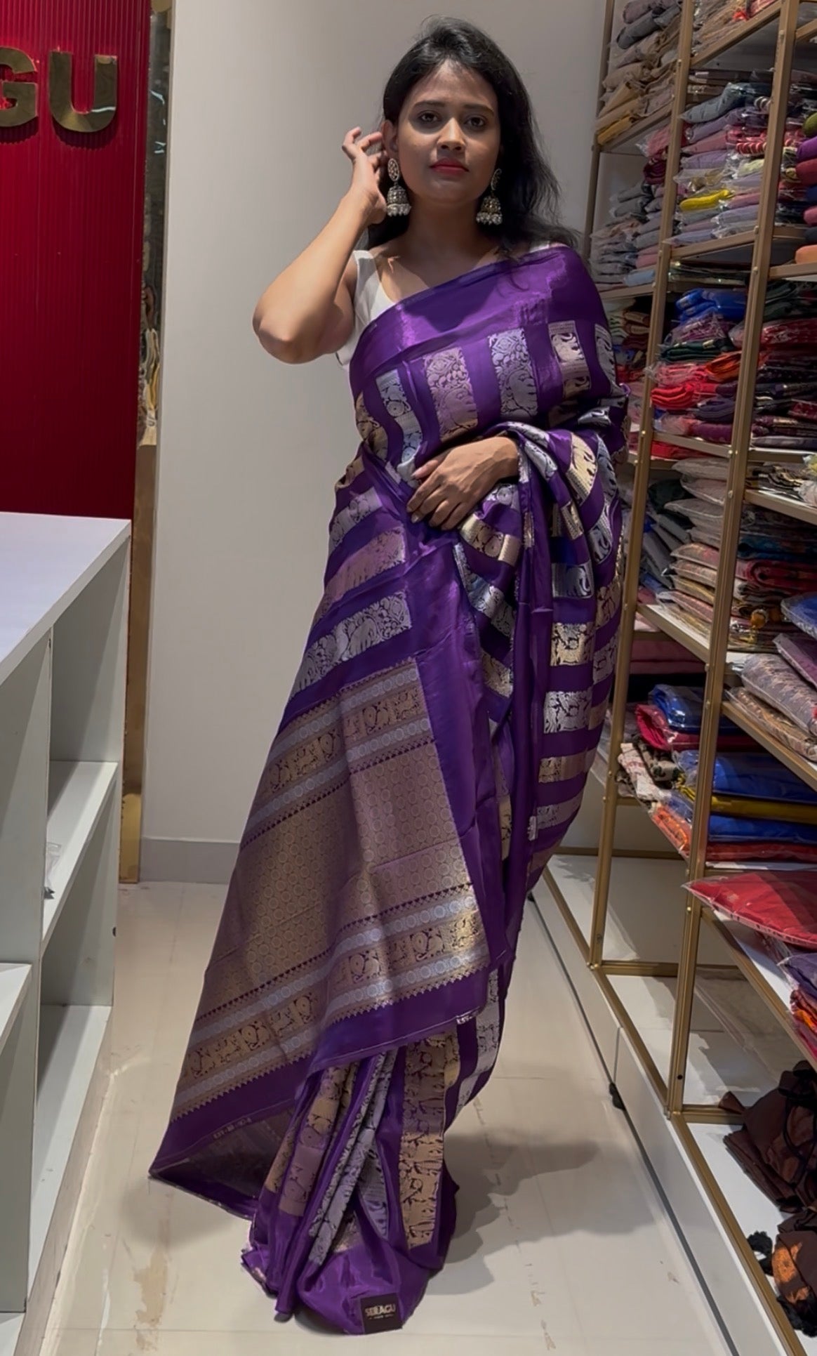 Soft Viscose Purple gold and silver sari weaving Saree