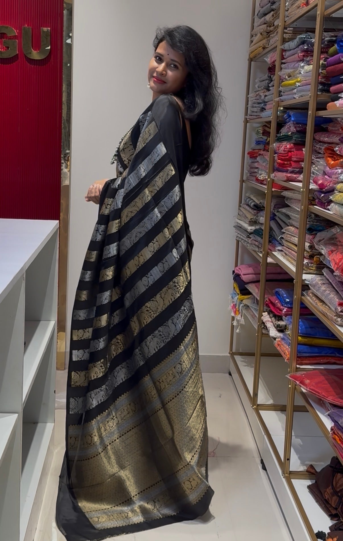 Banarasi Pattu with satin border Black gold and silver sari weaving Saree