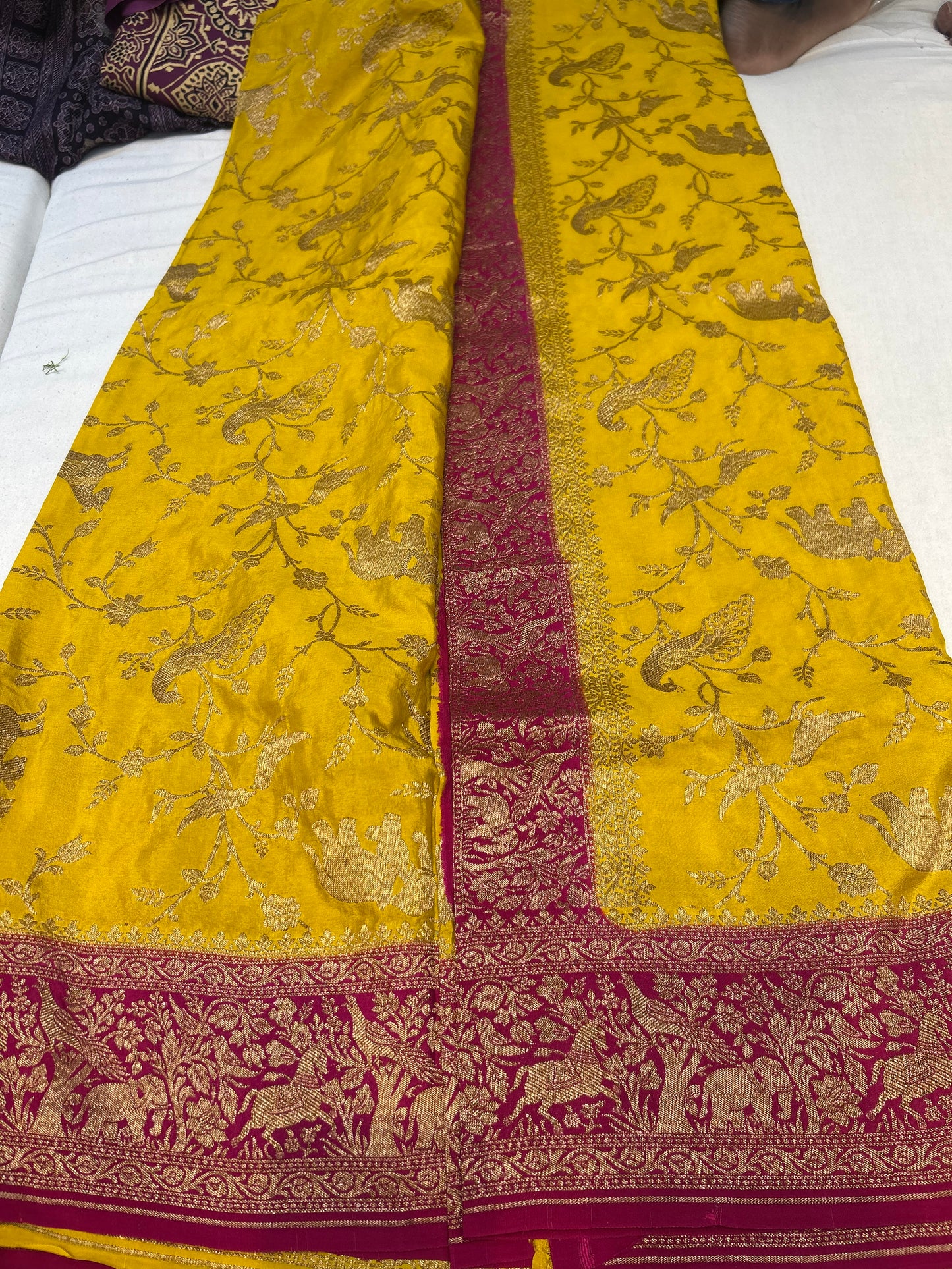 Yellow with pink pure crepe Banarasi saree