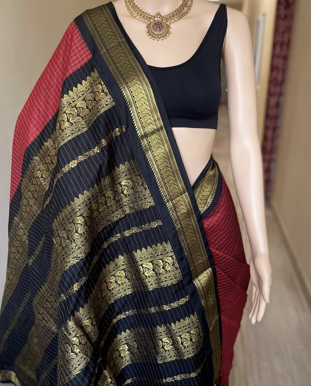 Black with Red cotton silk saree