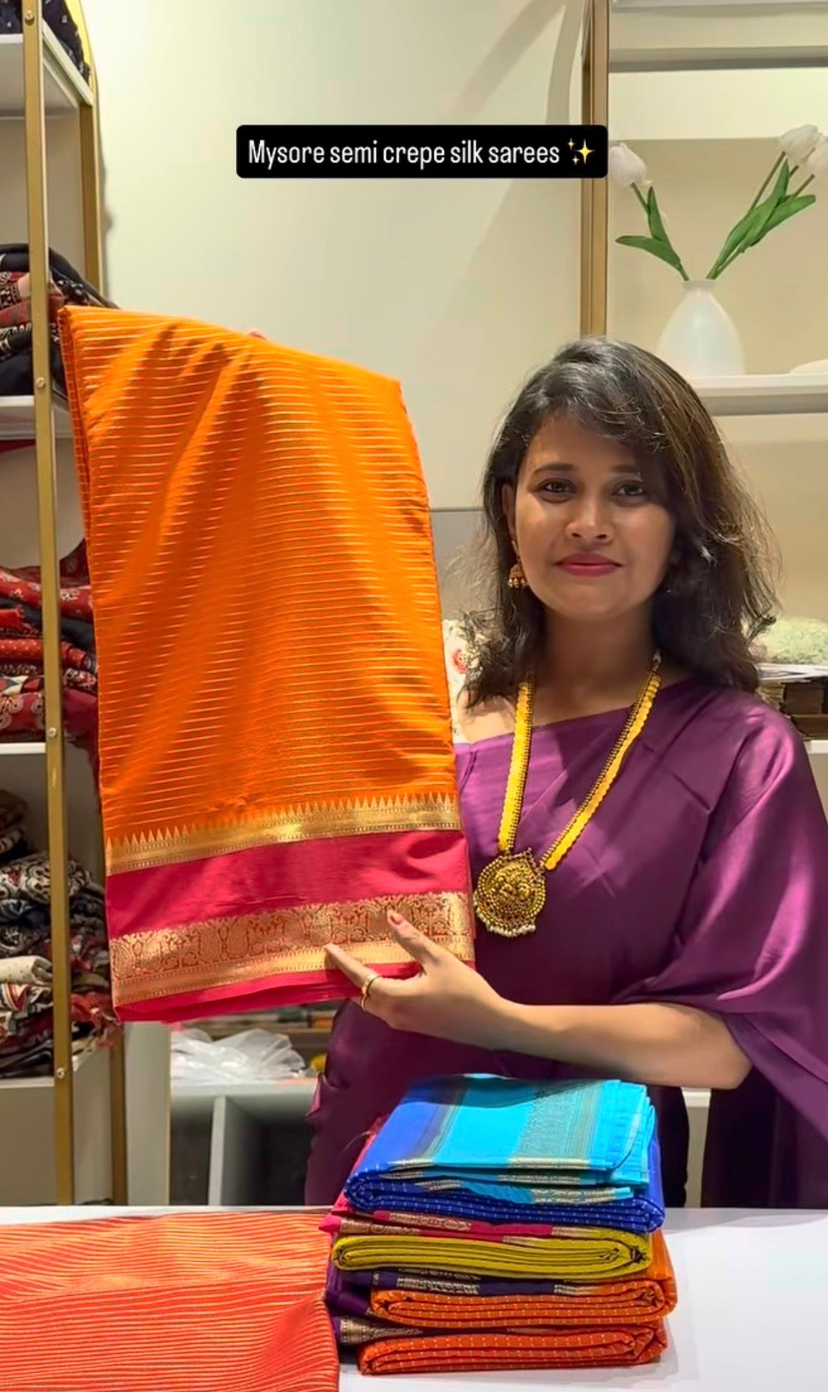 Orange with pink semi mysore crepe silk saree