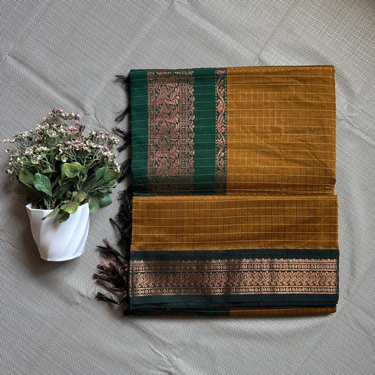 Mustard yellow with green cotton silk saree