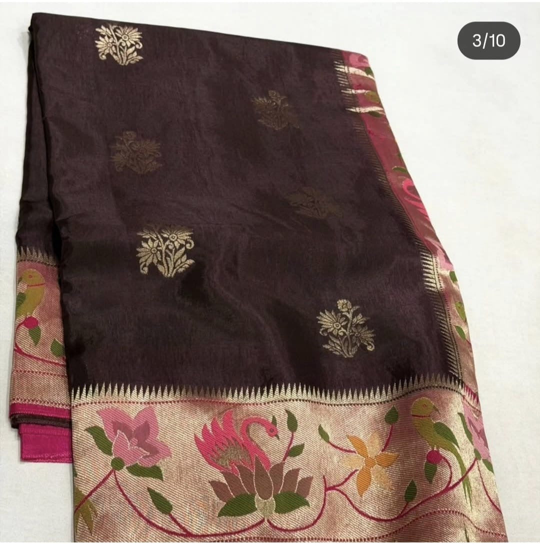 Brown with pink Paithani contrast Viscose Crepe silk saree