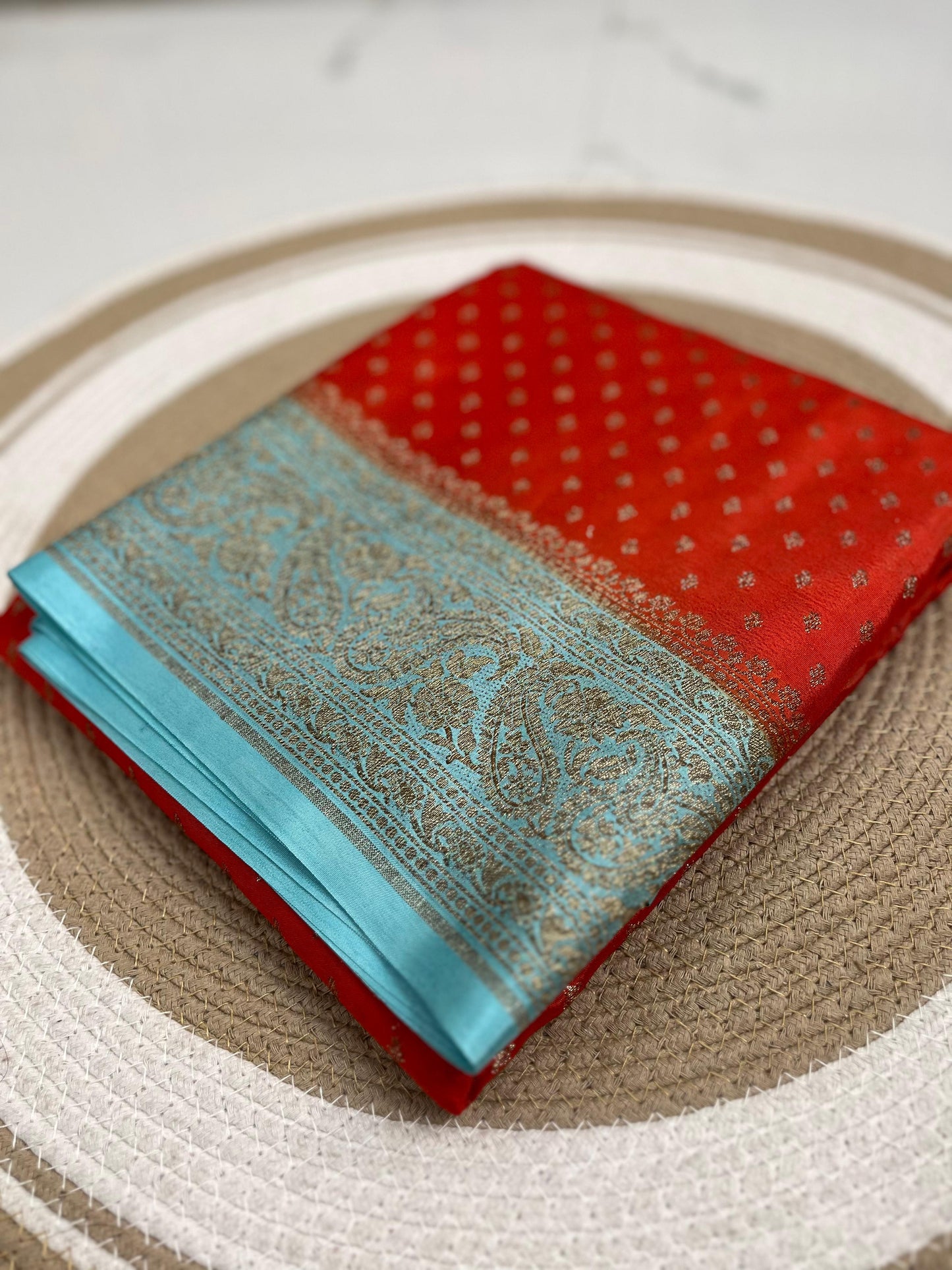 Orange with sky blue Pure Crepe chiffon banarasi saree