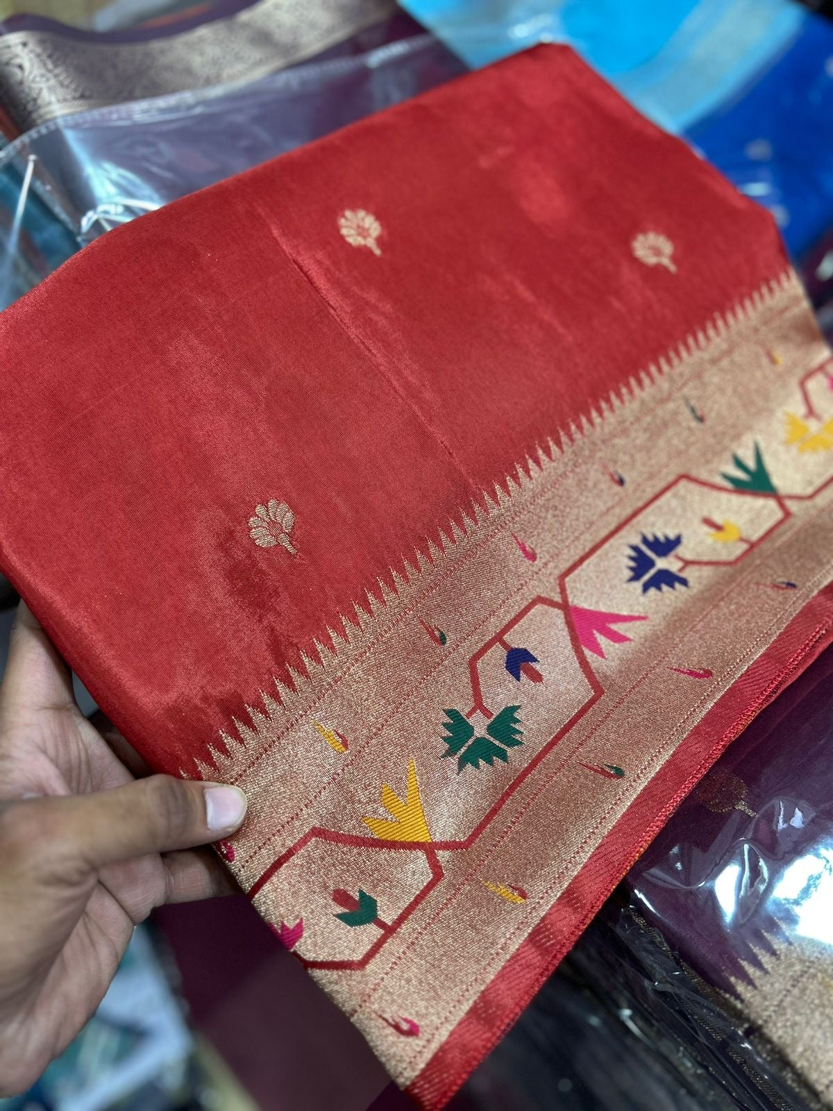 Marron dola silk saree with paithani border.