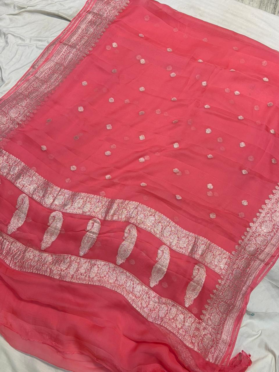 Peach pink pure chiffon Banarasi sarees