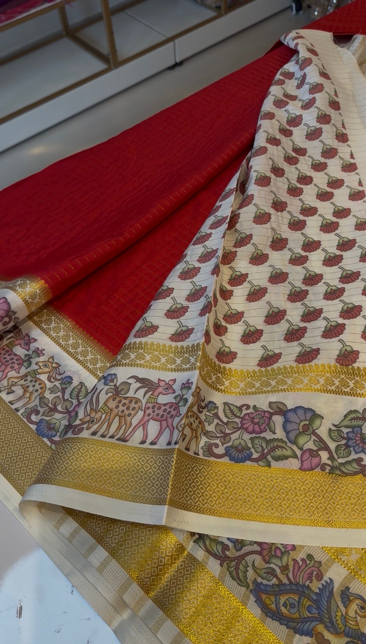 Red semi crepe kalamkari digital print sarees