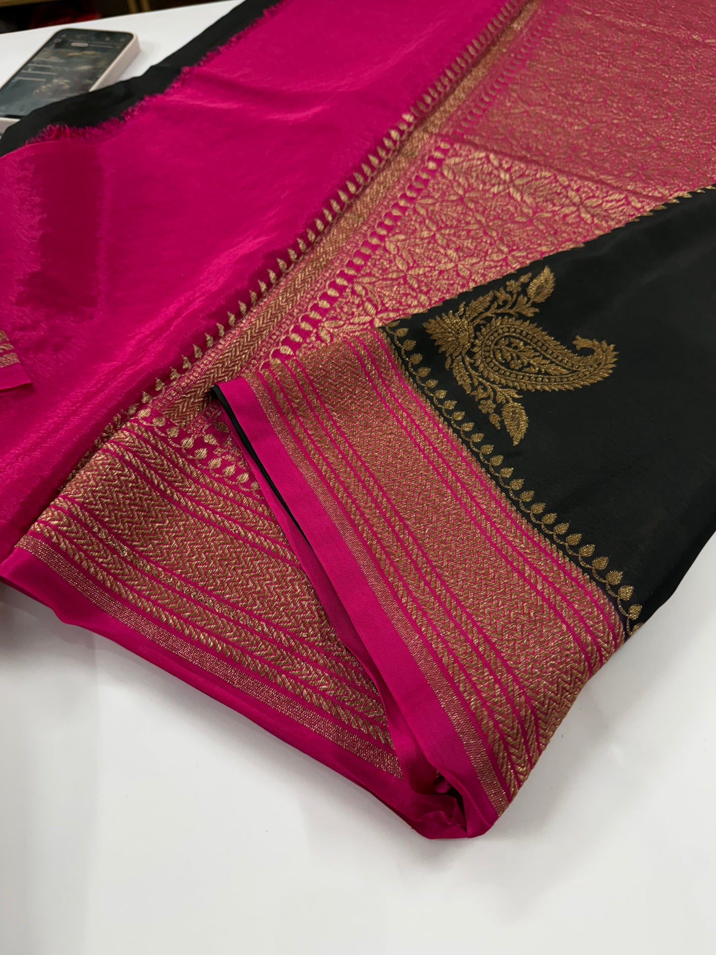 Black with pink Pure Crepe chiffon banarasi saree with konia design(koniapink)