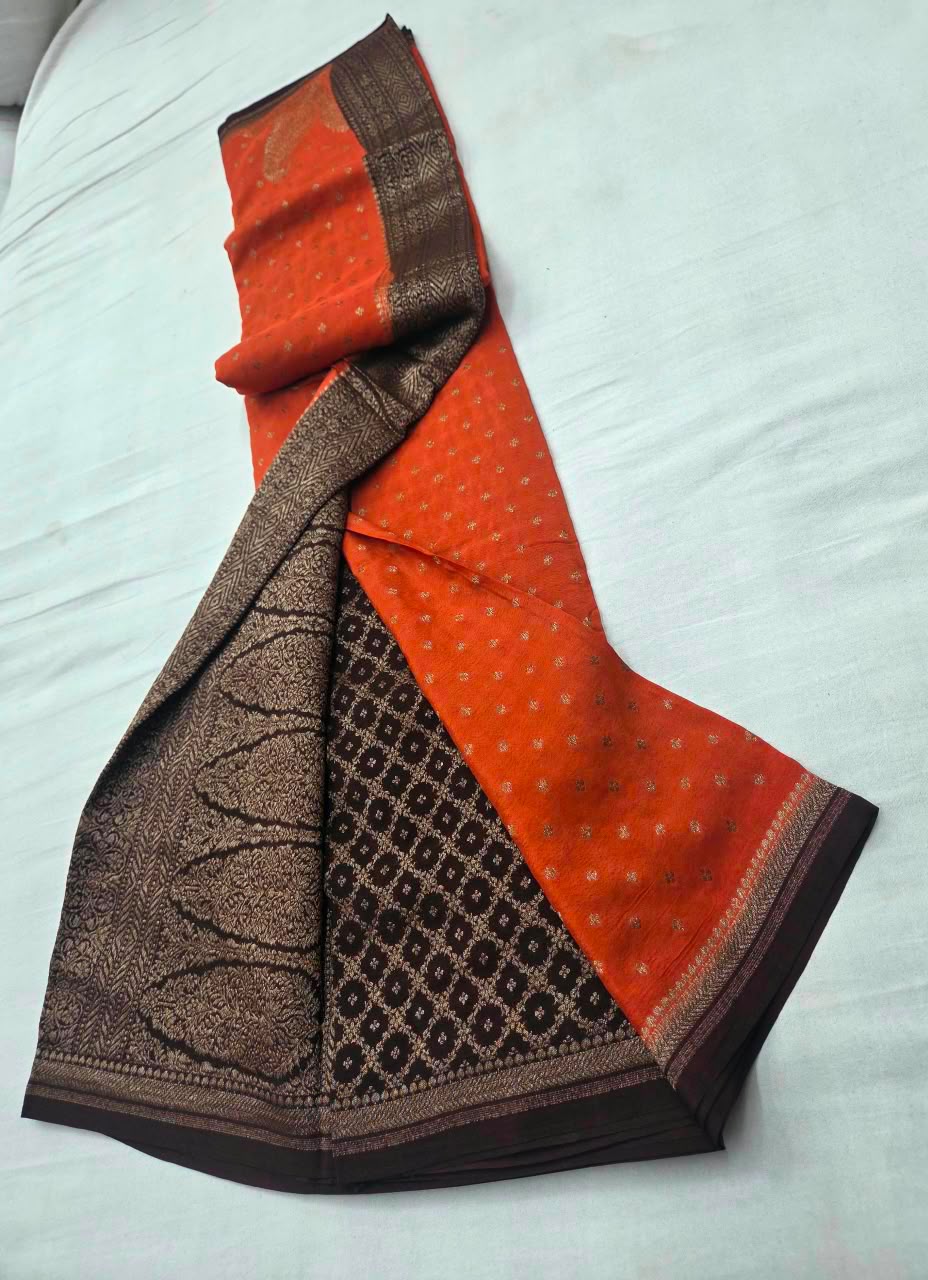 Small border Pure Crepe chiffon konia design banarasi saree rust orange with brown