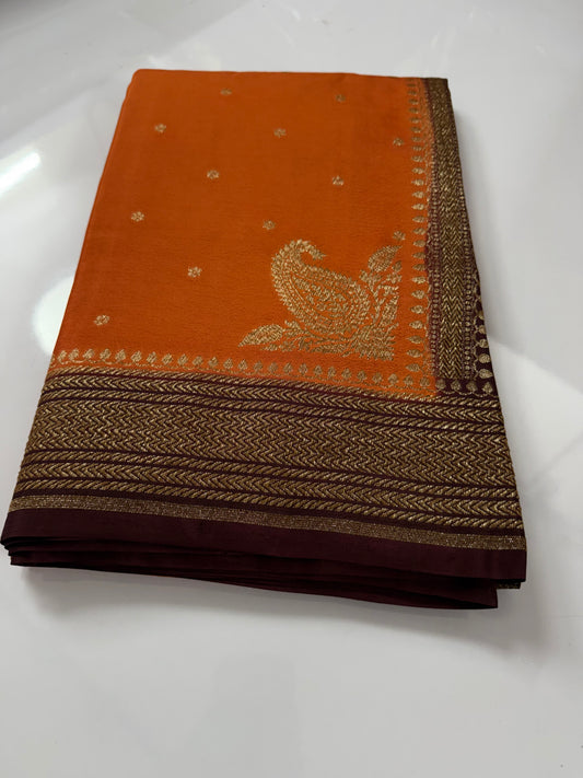 Rust orange with brown Pure Crepe chiffon banarasi saree with konia design