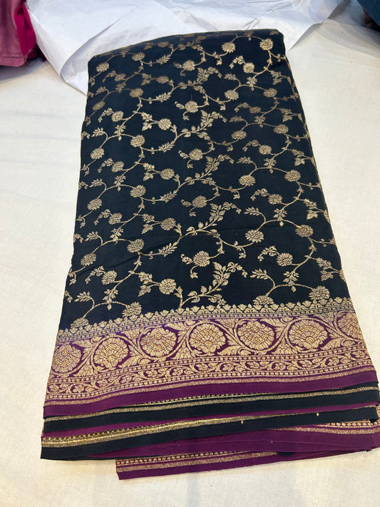 Black with purple pure crepe Banarasi saree