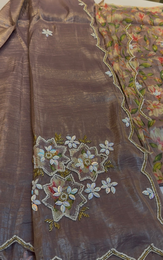 Patch hand work fluid organza saree